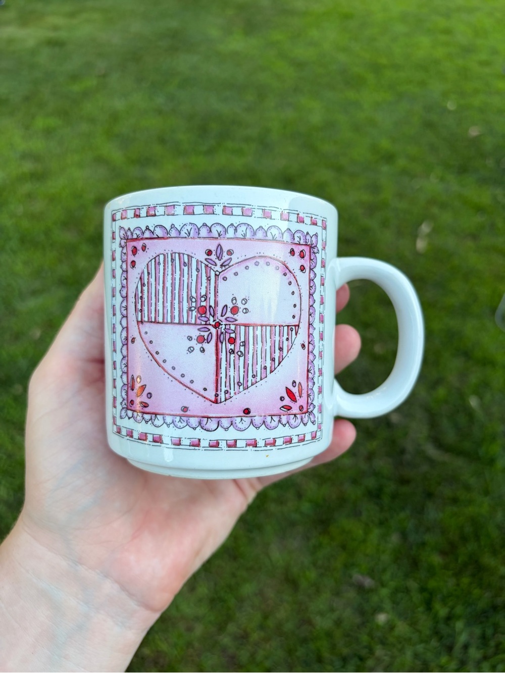 Vintage Russ Berrie Heart Patchwork Coffee Mug Pink Valentine